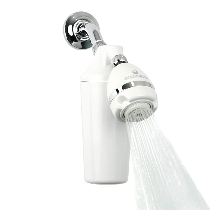 Aquasana AQ-4100 white shower filter with shower head mounted on a chrome shower arm