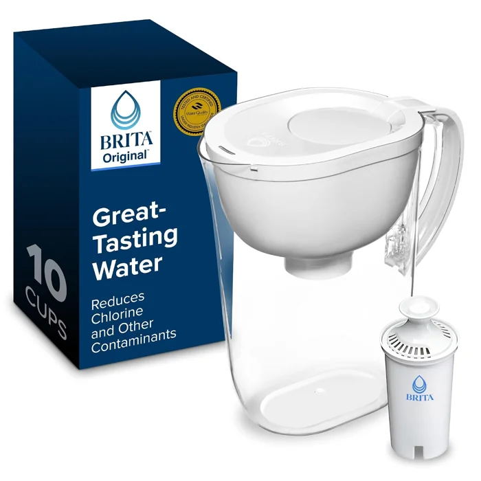 Brita 10-cup Everyday water filter pitcher in white, shown with its box and a white Standard filter