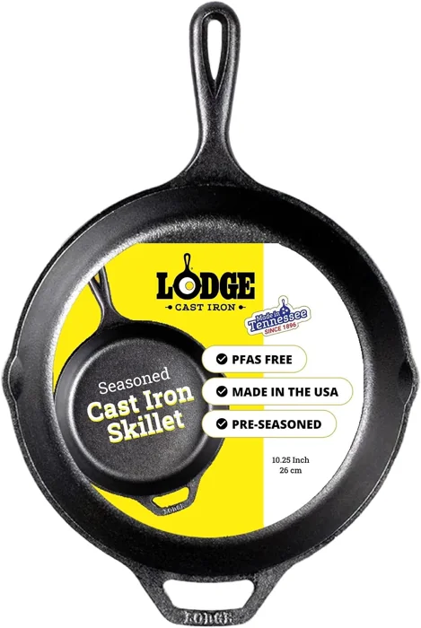 Lodge pre-seasoned 10.25-inch cast iron skillet, black, with its yellow cardboard sleeve