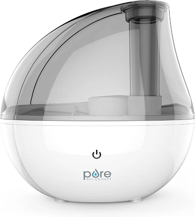 Pure Enrichment MistAire humidifier with teardrop-shaped gray tank on a white base