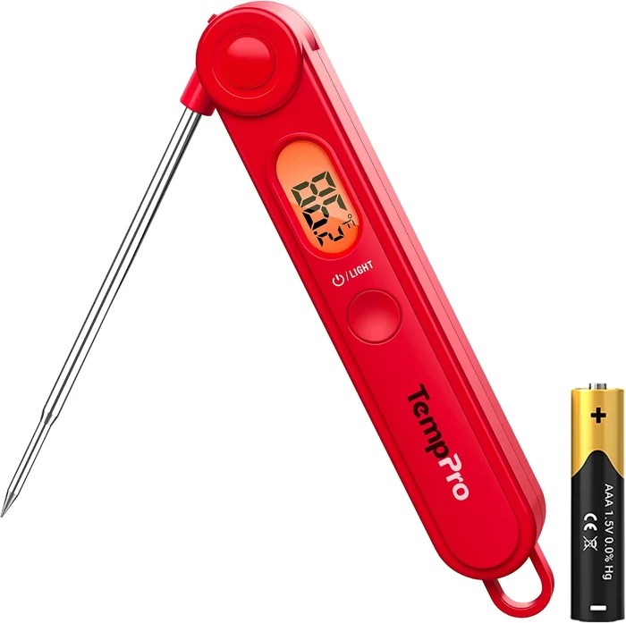 Red TempPro TempSwift TP03B folding instant-read food thermometer with backlit display and a AAA battery