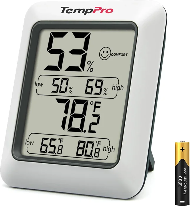 TempPro TP50 digital hygrometer showing humidity and temperature with high and low records